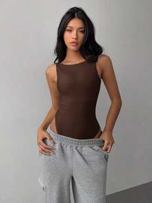 Body sin espalda de punto de unicolor casual para mujer - Marrón 2 - Ver 3