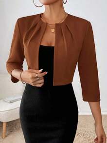 Blazer de moda casual y de negocios con frente abierto y plisado, de manga larga, para otoño/invierno - Marrón - Ver 1