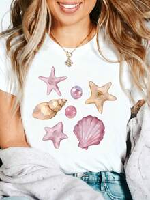 Seashell Starfish Graphic T-Shirt, 100% Cotton Oversized Soft Breathable Casual Crewneck Short Sleeve Top, Summer Vibes Aesthetic Beach Lover Tee For Women - 白色 - 查看 1