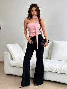 Top bandeau drapeado con estampado de leopardo y bufanda, para salir - Rosa Pálido - Ver 3