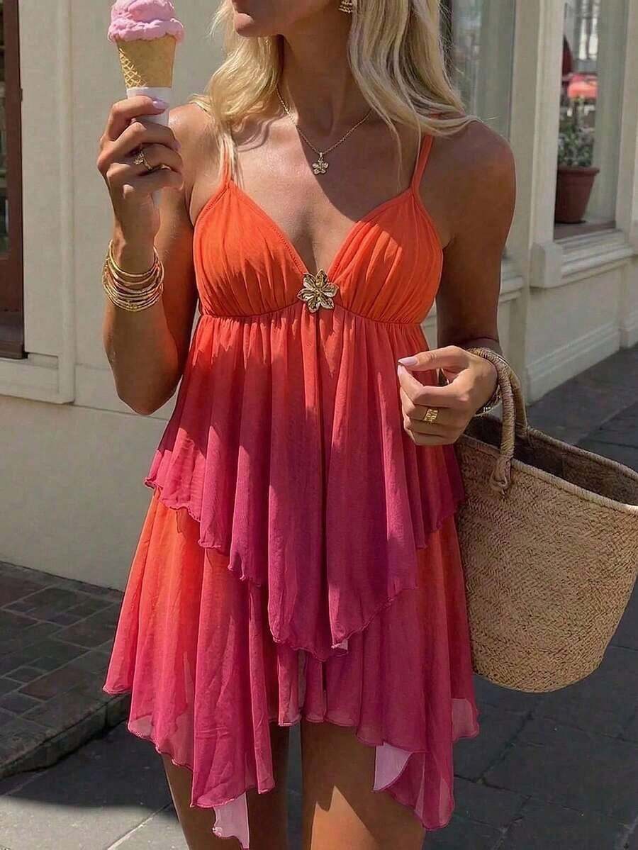 Nevyona Vestido de tirantes de gasa con dobladillo asimétrico y decoración metálica degradada, atuendo de verano, ropa de playa para mujer, vestido para fiesta de vacaciones - Rosa Fucsia - Ver 1
