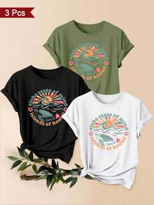Women's T-Shirt Set, 1 Piece With A Vintage-Style Circular Wave And Turtle Illustration Pattern. A Beautiful Women's Garment, A Stylish Casual Sporty Gift, Machine Washable, Short-Sleeved Top With A Round Neck. - 1件白色隨機圖案 - 查看 5