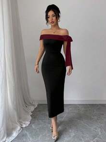 Vestido largo elegante con hombros descubiertos y decoración de lazo - Multicolor - Ver 4