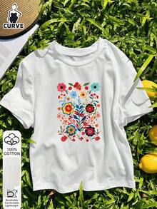 Women's Loose-Fitting T-Shirt With A Round Neck And Exquisite Print. Soft And Breathable Fabric, Comfortable To Wear, And Short Sleeves. Casual And Relaxed Fit, Versatile Style. Made From High-Quality 100% Pure Cotton (200 G). - 白色 - 查看 3