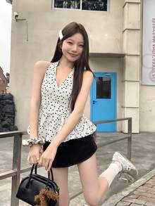 可愛黑色波點細肩帶上衣，夏季設計抓皺修身掛脖上衣 女款 白色 - 白色 - 查看 3