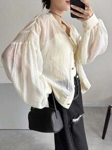 Chaqueta casual y holgada de mujer con decoración de botones metálicos, versátil para primavera y verano - Beis - Ver 5
