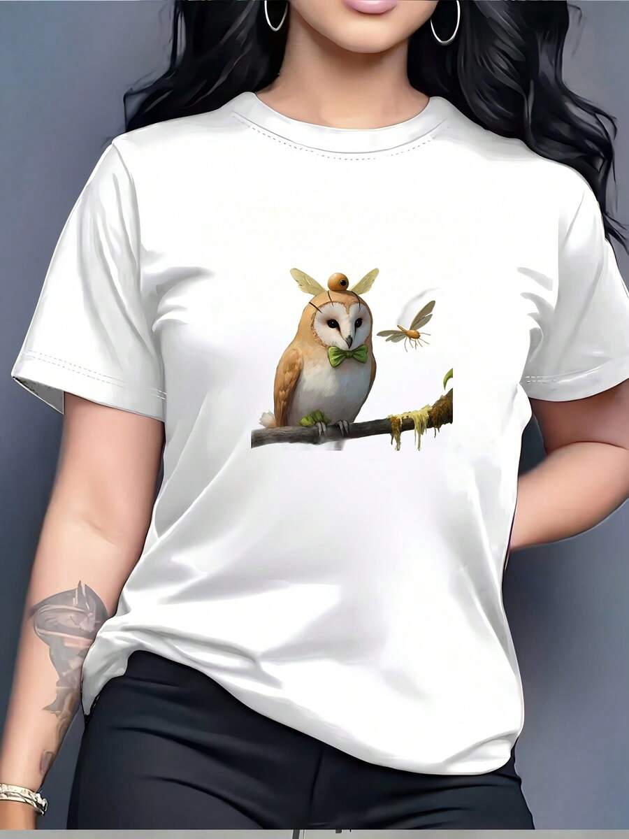 Camiseta Casual de Cuello Redondo para Mujer con Estampado de Búho y Abeja - Ideal para Reuniones Familiares y como un Excelente Regalo |   Camiseta ligera y suave de 180 gramos |   Opción ideal para ropa de trabajo y actividades al aire libre en verano, así como para actividades de team building corporativas. |   Diseño moderno adecuado para diversas ocasiones Blusas Para Mujer Casual - Blanco - Ver 1