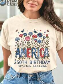 Camiseta con Diseño Floral - Camiseta con Patrones Coloridos que Presenta Letras Azules, Rojas y Blancas, Combinadas con Mariposas y Flores - Cómoda Camiseta Casual de Cuello Redondo, Talla Grande - Regalo Ideal para el Día de la Independencia, Días Festivos Nacionales y Reuniones de Verano 100% Algodón Transpirable para el Verano - Albaricoque - Ver 2