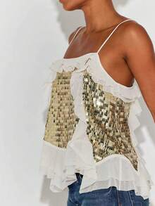 Women's Sequined Sleeveless Top, Summer Style, Fashionable, With Ruffles And Loose Fit. - 香檳色 - 查看 3