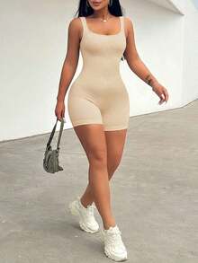 Mono elástico para mujer de moda simple y unicolor con ajuste ceñido - Camel - Ver 5