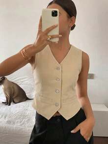 Chaleco vaquero casual con cuello en V para mujer - Caqui - Ver 3