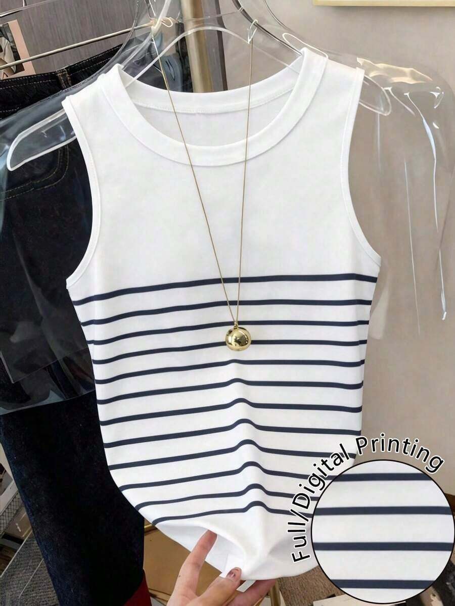 Camiseta de tirantes casual y versátil con cuello redondo y ribete acanalado a rayas para mujer - Multicolor 3 - Ver 1