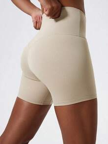 1 pieza Pantalones cortos de yoga elásticos de color nude, adecuados para correr, fitness, ciclismo y otros deportes, pantalones cortos ajustados transpirables y de secado rápido para mujeres en color negro - Caqui - Ver 3