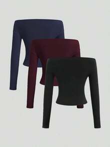 Conjunto de 3 piezas para mujer: Blusa de manga larga hombros descubiertos, blusas cortas entalladas, cómodas y amigables con la piel, versátil y estilizador - Multicolor - Ver 2