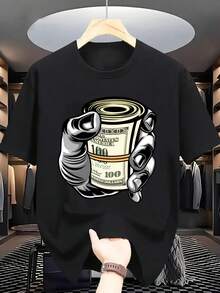 Summer Men's Casual T-Shirt - Black, With A Banknote Design, Short Sleeves, A Round Neck, Lightweight Fabric, Suitable For Summer And A Casual Look, An Everyday Shirt. | Graphic Print T-Shirt | Comfortable, Loose-Fitting, And Comfortable Style - Back - View 12