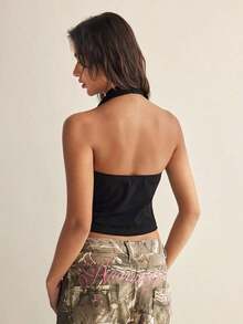 Top sin mangas con cuello camisero negro para mujer - Negro 2 - Ver 3