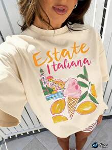 Regular Fit T-Shirt With "Estate Italiana" Print Of Italian Summer Lemon Ice Cream, 100% Cotton, 180 Grams, Orca Brand, Suitable For Casual Wear, Outdoor Activities, Sports, Holidays, Gifts And Other Occasions. - 杏色 - 查看 1