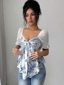 elegante de mujer con estampado texturizado, cuello con lazo, manga de volantes de malla transparente.Versátil para verano, viajes, uso diario, oficina, fiestas campestres, festivales de música - Azul - Ver 3