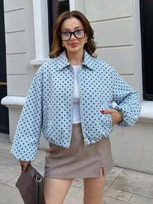Chaqueta con bolsillo con cremallera de lunares rosas para mujer - Abrigo casual suelto con solapa para primavera/otoño - Celeste 2 - Ver 7
