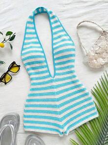 Body sexy de punto blanco con textura y patrón ondulado, escote en V profundo y espalda descubierta para mujer, elegante y ajustado, adecuado para fiestas, citas, té de la tarde, vacaciones boho, playa, atuendo de verano. - Azul y blanco - Ver 1
