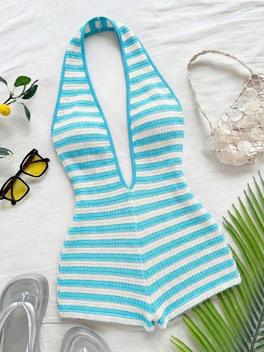 Body sexy de punto blanco con textura y patrón ondulado, escote en V profundo y espalda descubierta para mujer, elegante y ajustado, adecuado para fiestas, citas, té de la tarde, vacaciones boho, playa, atuendo de verano. - Azul y blanco - Ver 1