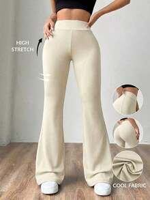 Pantalones de mujer negros tejidos ajustados y acampanados, de moda y versátiles - Albaricoque - Ver 1