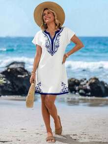 Vestido corto minimalista casual con cuello en V, adecuado para primavera/verano - Azul y blanco - Ver 6