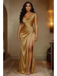 New Summer Sleeveless Dress With Slit Hem, Solid Color, Slim Fit, Stylish And Elegant Party Dress - 香檳色 - 查看 9
