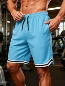 1 Pair Men's Basketball Shorts - Summer Sports Style, Thin, Loose, Quick-Dry, Knee-Length, Mesh Fabric - Baby Blue - View 1