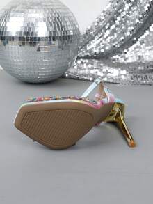 Square Toe High Heel Slip-On Sandals, Fashionable For Spring & Summer - Pink - View 3