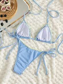 Bikini de mujer de unicolor con escote halter y lazos, estilo sexy, minimalista y elegante para playa, vacaciones, viajes y fiestas, nueva colección primavera/verano - Brotes amarillos azul cielo - Ver 3