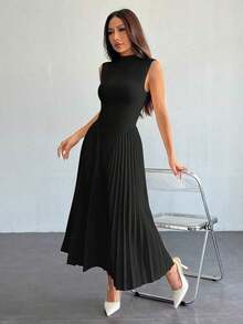 Vestido ajustado de línea A con pliegues elegante para mujer - Negro - Ver 3