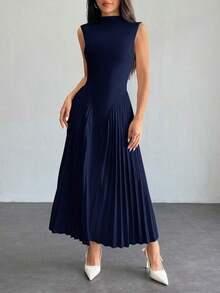 Vestido ajustado de línea A con pliegues elegante para mujer - Azul marino - Ver 10