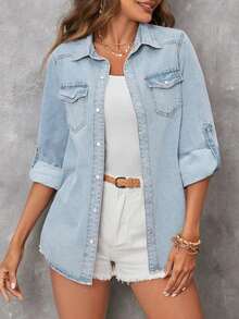 Camisa vaquera casual con bolsillo vuelto y mangas enrollables - Lavado ligero - Ver 2