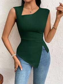 Camiseta de corte ajustado con mangas de obispo de unicolor elegante y simple para uso diario, vacaciones, fiestas y exteriores para mujeres - Verde Oscuro - Ver 7