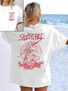 Powerful Figure With Warrior Covered By A Triangular Helmet, Symbol Of Strength And Mystery, Amidst Red Flames That Evoke Courage And Resilience. Women's Double-Sided Print T-Shirt, Casual And Modern For Summer - 白色 - 查看 8