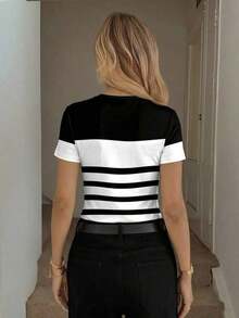 Camiseta de manga corta ajustada de cuello redondo minimalista casual para mujer, adecuada para primavera/verano - Multicolor - Ver 2