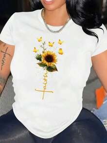Faith Sunflower Print Summer T-Shirt, Versatile Short Sleeve Crew Neck Blouse For Women. 1 Sexy Casual Sweet Party Elegant Basic Off Shoulder Blouse Beach Night Out Vacation Office Home Garden Everyday Birthday Party Baby Shower Country Music Concert Stage & Summer Performance - 白色的 - 查看 1