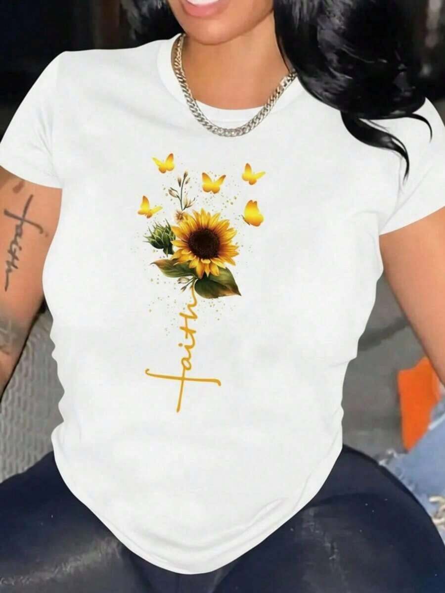 Faith Sunflower Print Summer T-Shirt, Versatile Short Sleeve Crew Neck Blouse For Women. 1 Sexy Casual Sweet Party Elegant Basic Off Shoulder Blouse Beach Night Out Vacation Office Home Garden Everyday Birthday Party Baby Shower Country Music Concert Stage & Summer Performance - 白色的 - 查看 1