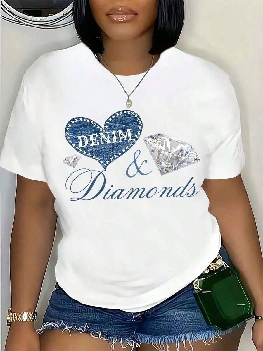 1 Piece Denim And Diamond Shirt, Denim And Pearl Shirt, Denim And Diamond Western Shirt, Glam Cowgirl Shirt, 180g 100% Cotton - 白色 - 查看 1
