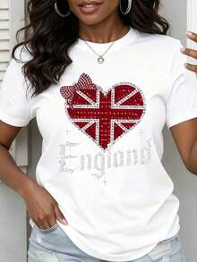 1 Piece Women's T-Shirt With British Patriotic Heart Design With England Flag And Rhinestones, Bright Graphic Top For Casual Wear, 180g 100% Cotton - 白色 - 查看 1