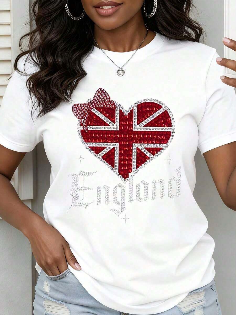 1 Piece Women's T-Shirt With British Patriotic Heart Design With England Flag And Rhinestones, Bright Graphic Top For Casual Wear, 180g 100% Cotton - 白色 - 查看 1