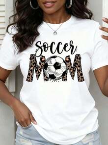 1 Piece Women's Round Neck T-Shirt With Leopard Print And Football Graphic, Soft, Comfortable And Breathable Fabric, Versatile Design For All Seasons, Practical And Elegant Women's Clothing, Smooth Texture, Suitable For Casual Sportswear, Essential Garment For Holidays, 180g 100% Cotton. - 白色 - 查看 12