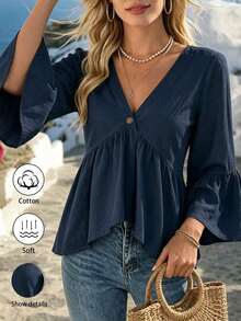 1 pieza de camisa casual para mujer , blanca, con cuello en V y mangas con volantes, 180g, 100% algodón. - Azul Marino - Ver 12
