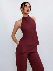 Conjunto de 2 piezas de top de cuello halter y pantalones en color café para mujer, estilo de uso diario - Burdeos - Ver 7