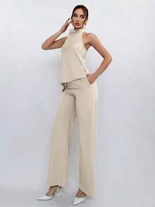 Conjunto de top halter y pantalones de color café claro, estilo sencillo para ir al trabajo - Beis - Ver 6