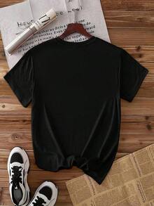 Mother's Day Gift Women's Summer Clothes Plus Size T-Shirt With Heart Silhouette Print Mom+Me And Dad, Round Neck, Short Sleeve, Casual Style, Versatile Vintage Fashion Top For Commuting, Vacation And Everyday Wear, Available In 1XL-5XL - 黑色 - 查看 2