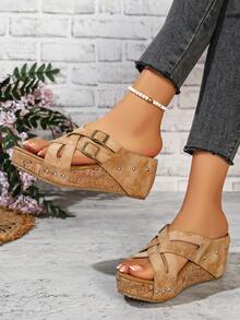 RALSWNAY Women's Fashion Thick Sole High Heel Open Toe Sandals, Beach Slippers, Suitable For Outdoor Activities, Plus Size Women's Wedge Heel Peep Toe Sandals, New Cross Strap Roman Shoes - Mustard Yellow - View 3
