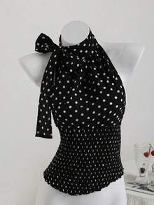 Blusa con cuello de halter, espalda descubierta, cintura ceñida y bajo asimétrico con lunares en blanco y negro.Elegante para ir al trabajo, vacaciones, playa, casual, citas.Versátil para mujeres en verano - Negro - Ver 3
