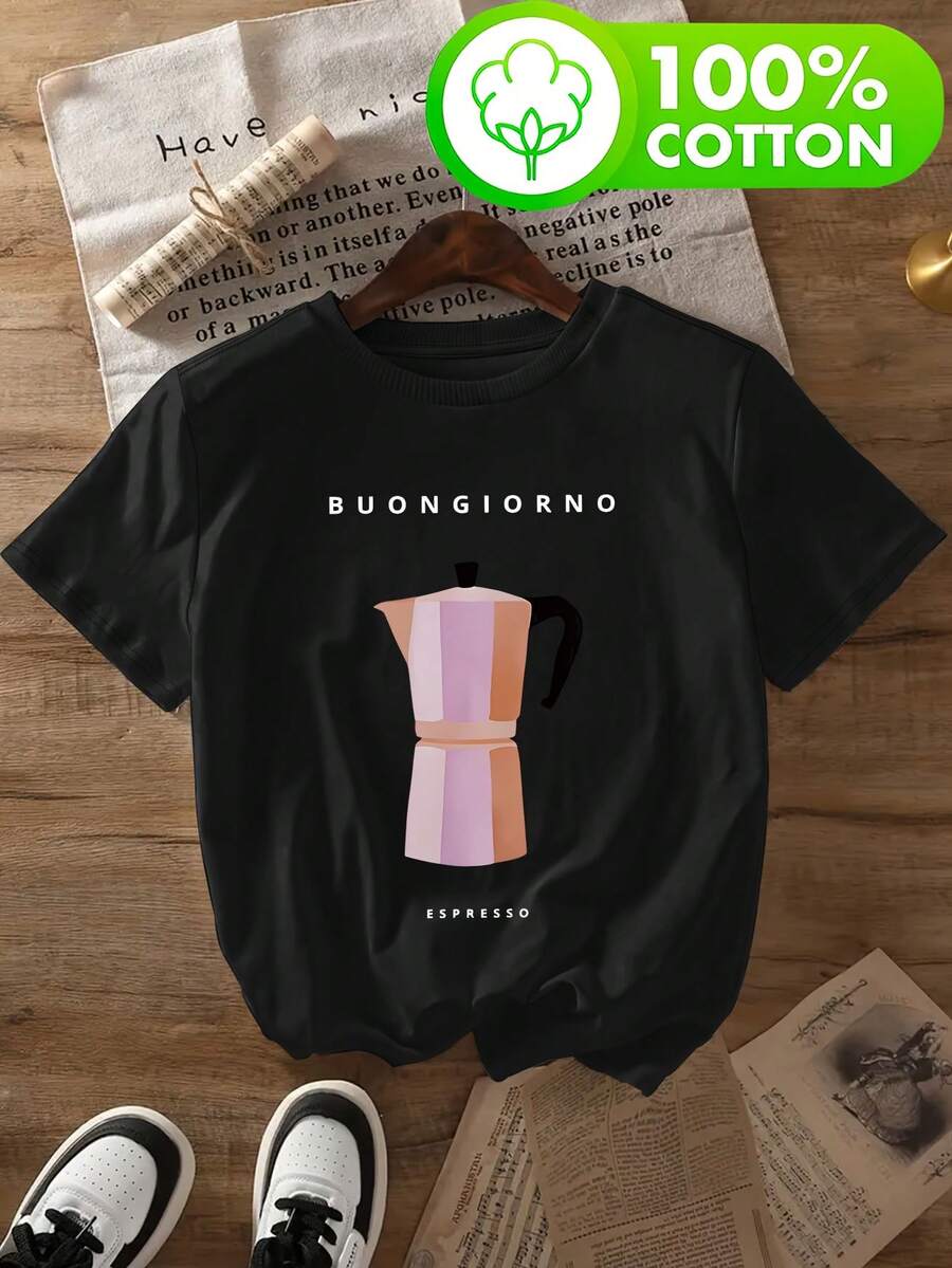 Camiseta pura de moda para mujer de primavera/verano con estampado gráfico de cafetera Moka BUONGIORNOCOFFEE, 1 pieza, camiseta pura elegante para fiesta, estampado circular - Negro - Ver 1